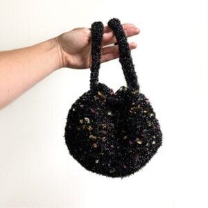 Vintage 1920’s Style Round Black Chenille Metallic Hand Purse Mini Bag Pouch
